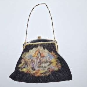 VTG Whiting and Davis Mesh Purse Enamel Frame Scenic Cottage Landscape Art Deco